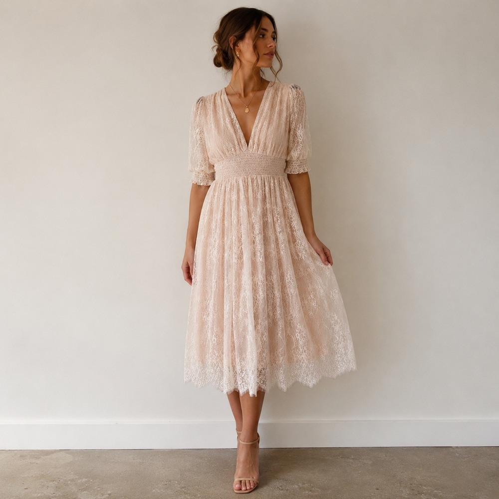 Baltic Born Blush Lace Midi Dress